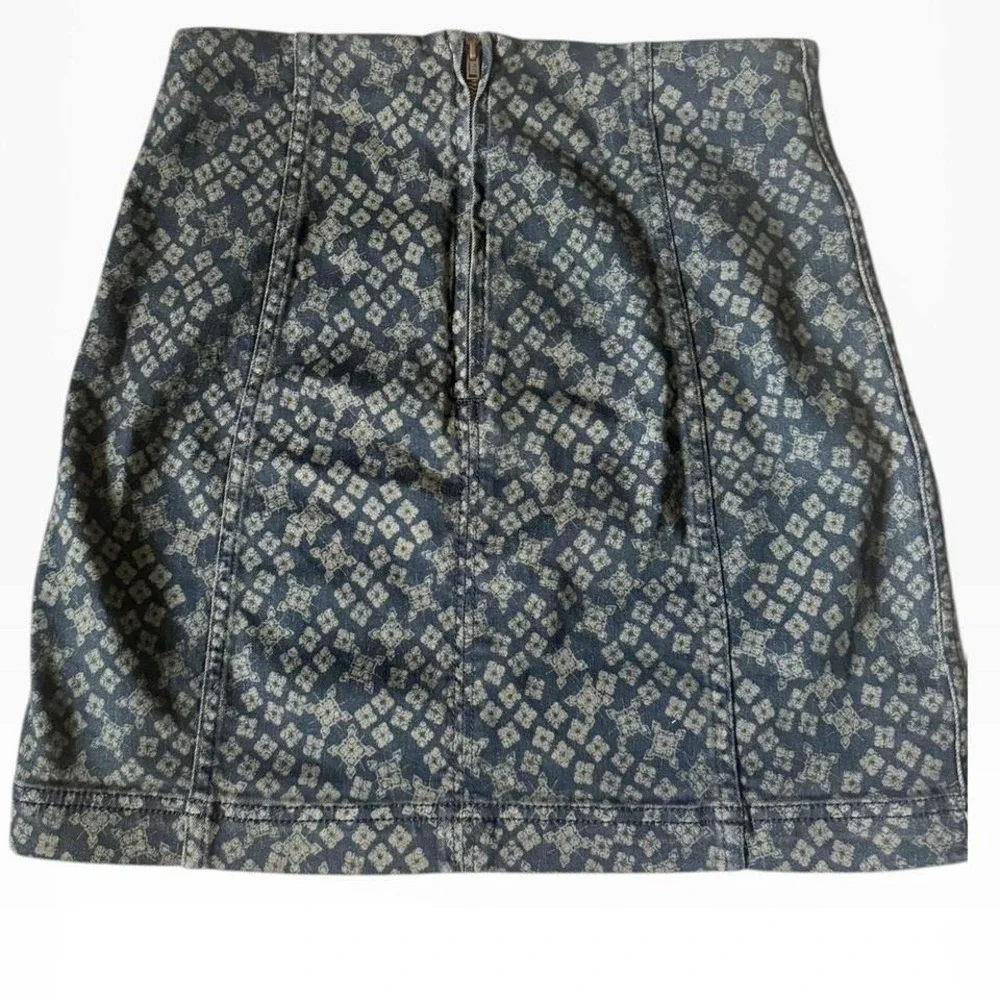 Free People Geometric Tile Print Denim Mini Skirt Dark Wash A-Line Seamed Skirt
